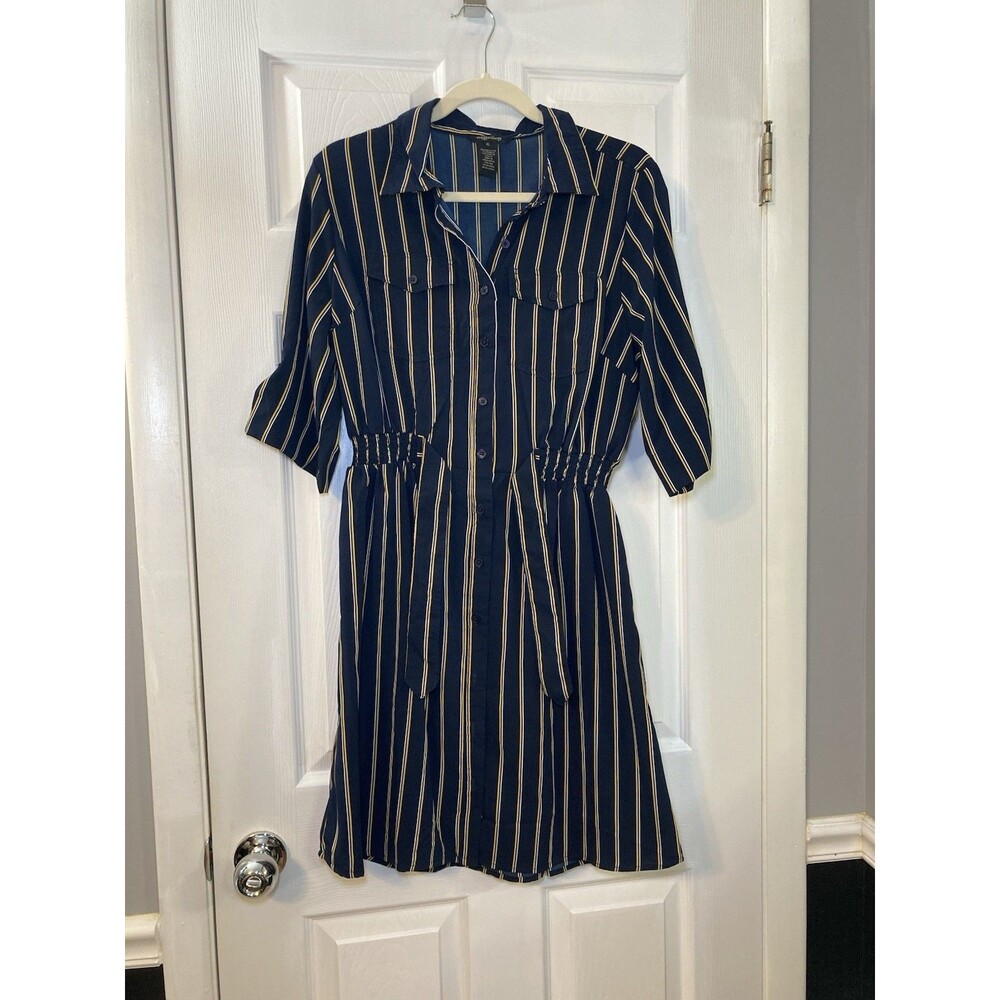Millenium Navy Striped Shirt Dress 3/4 Sleeve Knee Length XL Tie Waist